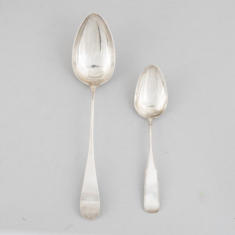 Two serving spoons, low-grade silver, 19th Century, possibly marks of Jacob Andreas Mort, Oslo (1796 - 1854) and of.