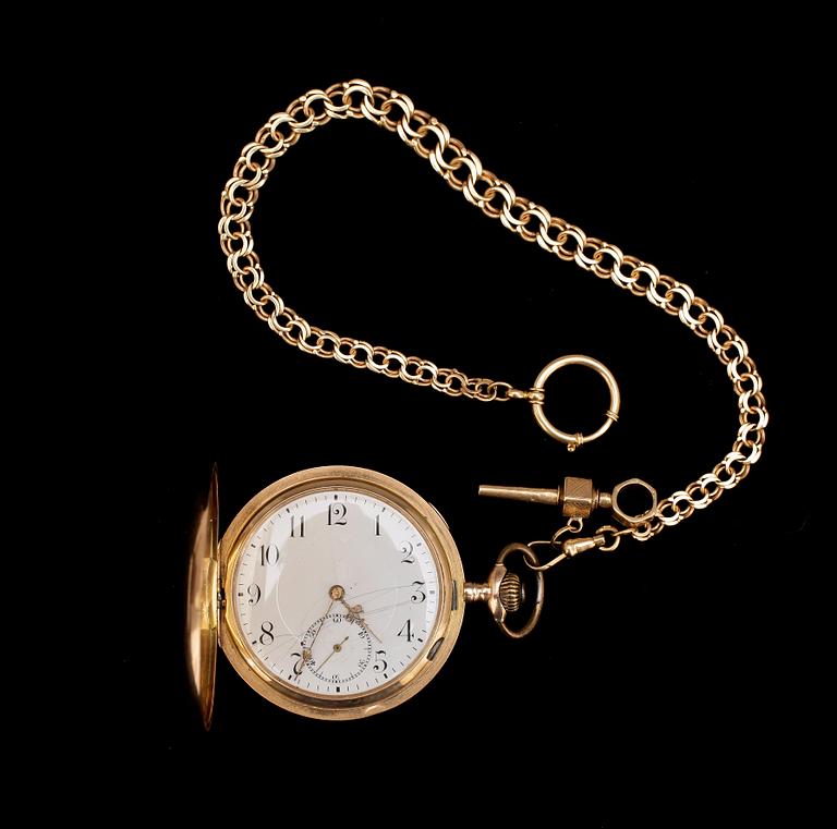 FICKUR MED KLOCKKEDJA, 18k guld, 1800-talets slut. Vikt ur ca94g, kedja ca25g.