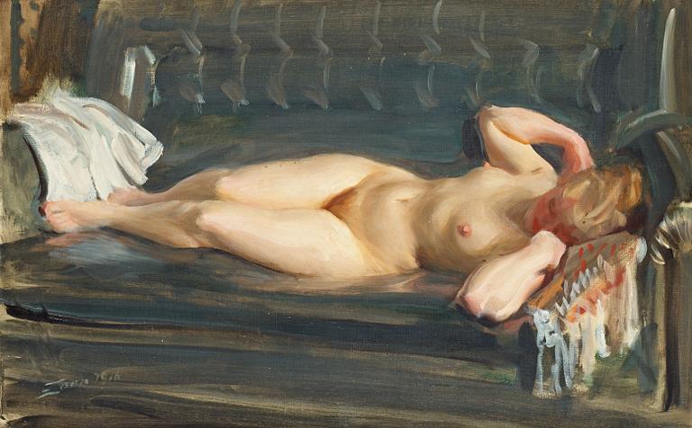 Anders Zorn, "På den blågrå skinnsoffan" (On the blue-grey leather couch).