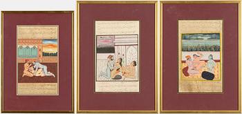 Unidentified artist, Interiors with erotic scenes, India, 20th century. Three pieces.