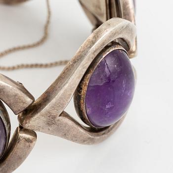 Silver and cabochon cut amethyst bracelet, Mexico.