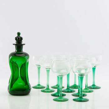 Wine glasses 11 pcs and a decanter, first half of the 20th century.