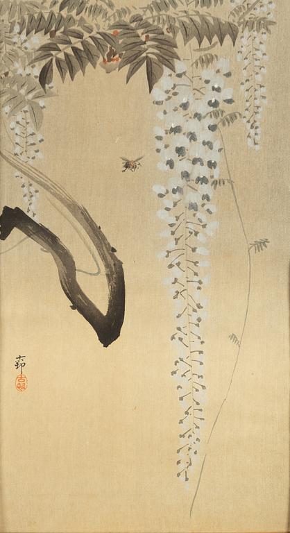 Ohara Koson, 'Four crows in flight', 'Geese and a full moon', 'Wisteria and bee'.