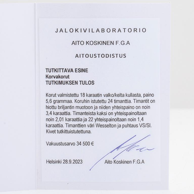 Örhängen, ett par, 18K vit/gultguld, med briljantslipade diamanter ca 3.40 ct totalt. Med certifikat.