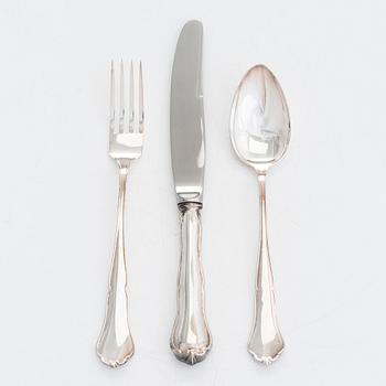 Bestickuppsättning för tolv, 36 dlr, silver, "Chippendale", Auran Kultaseppä, Åbo 1990-93. I originallåda.