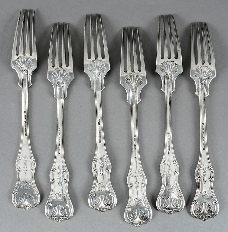 GAFFLAR, silver, 6 st, modell Olga, 424 gram. G. Dahlgren, delvis 1851.