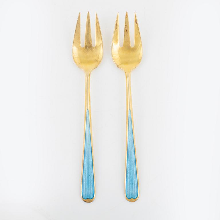 Twelve gilt silver and enamel forks, N.M. Thune, Norway, mid 20th century.