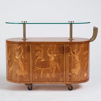 Birger Ekman, attributed to, a Swedish Modern bar-trolley by Mjölby Intarsia, 1930-1940's.