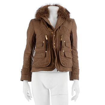 848. DSQUARED, a brown wool blend jacket with fur collar, size 42.