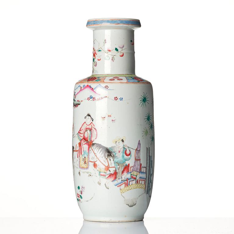A famille rose roleau vase, late Qing dynasty.