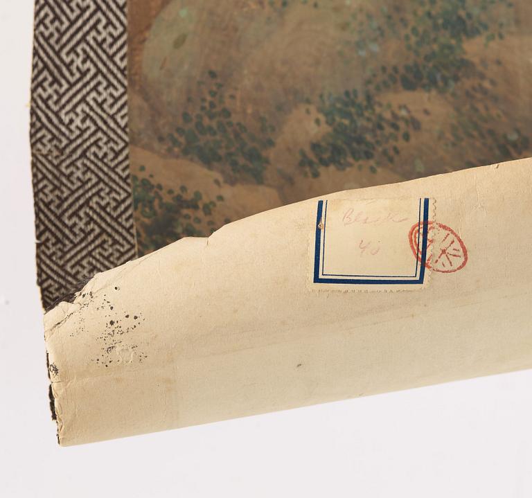 RULLMÅLNING, bergigt flodlanskap i Qian Dus (1764-1844/45) stil, Qingdynastin, sent 1800-tal.