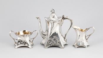 KAFFESERVIS, 3 delar, nysilver, jugend. WMF, tidigt 1900-tal.