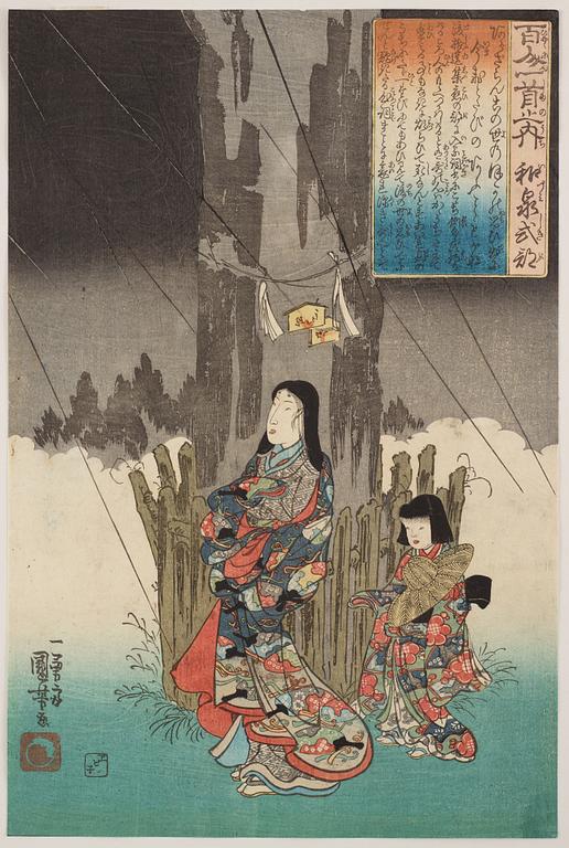 UTAGAWA KUNIYOSHI (1797/98-1861), färgträsnitt, Japan, från serien "One Hundred Poems".