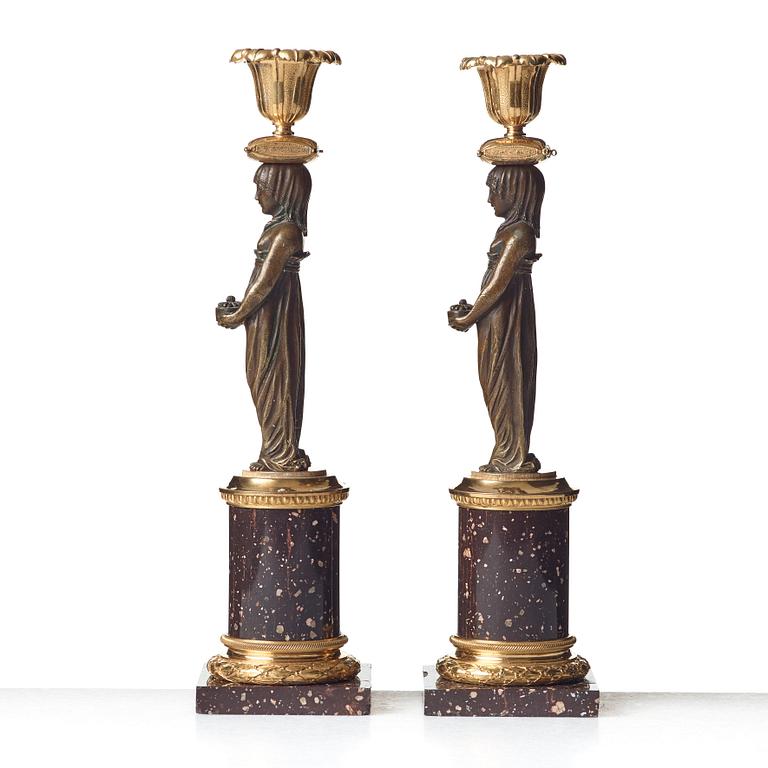 A pair of late Gustavian circa 1800 porphyry and gilt and patinated bronze candlesticks.