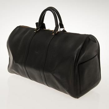 LOUIS VUITTON BLACK EPI LEATHER KEEPALL 50 TRAVEL BAG.