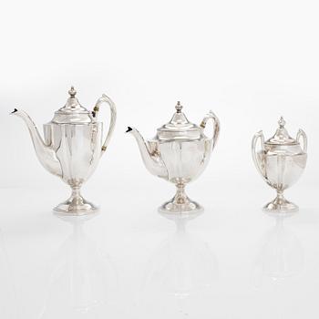 Kaffe- och teservis, 5 delar, silver, på försilvrad bricka, USA, sannolikt 1930-tal.