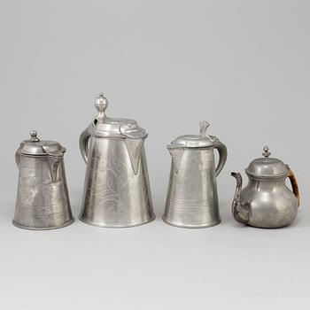 THREE PEWTER JUGS AND A TEAPOT, 19th century.