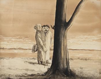 327. Axel Fridell, ”Två herrar vid stranden betraktar ekorre i träd” (Two men by the beach watching a squirrel in a tree).