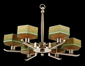 A white metal six-light ceiling lamp, probably Swedish, 1930's.