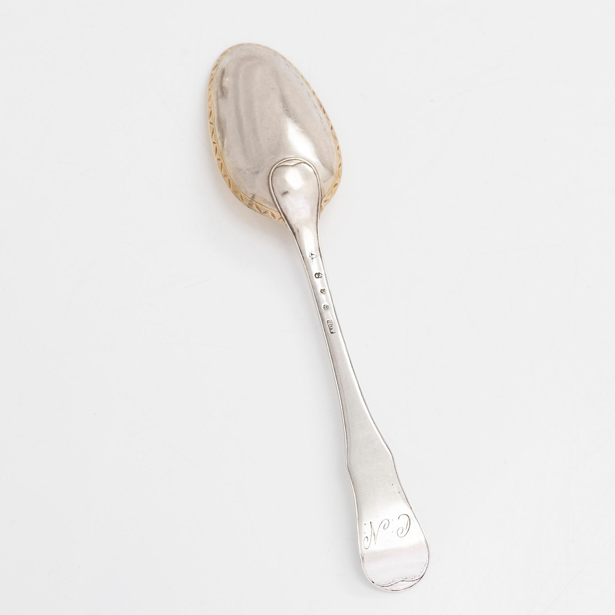 Six early 19th-century silver spoons, and a sprinkle spoon, mainly Tammisaari and Turku, Finland 1803-1820s.