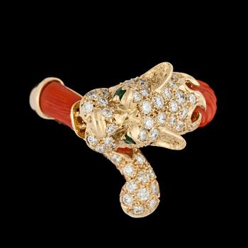 A coral and brilliant cut diamond ring, tot. 1.38 ct.