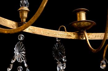 A six-light chandelier by Fischer, St Petersburg 1797. Signed "FECIT I A S FISCHER ST PETERSBURG 1797".