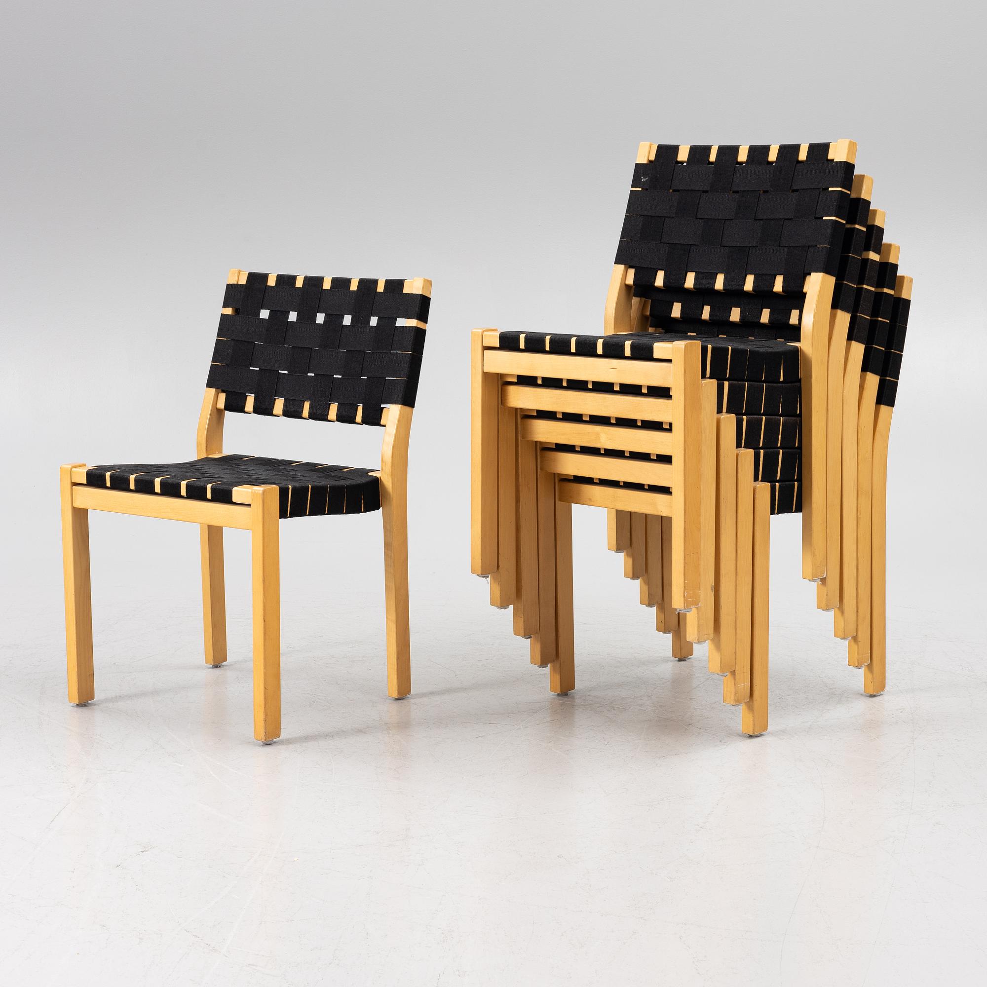 Alvar Aalto, six model 611 chairs, Artek, Finland.