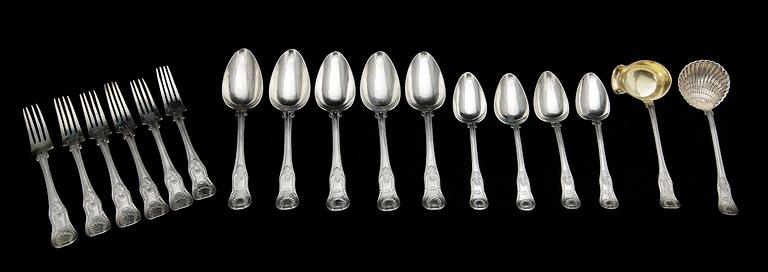 PARTI BESTICK, 17 delar, silver, "Engelsk snäck", mest Zethelius i Stockholm. Mest 1840-50-tal. Tot ca 1100 gram.