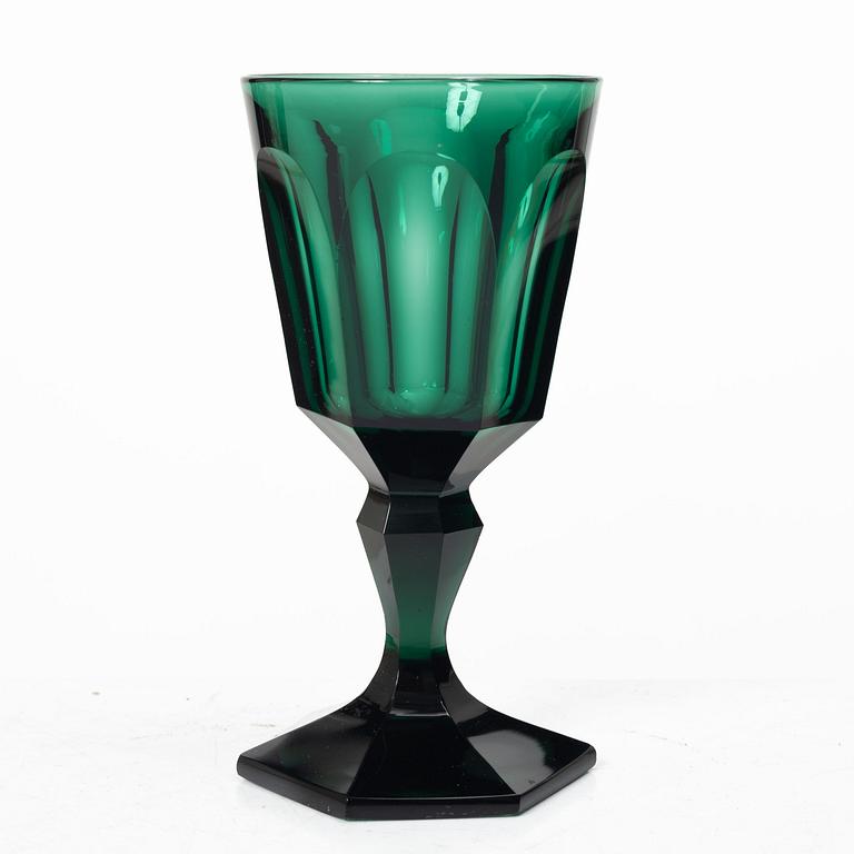 Eleven white wine glasses, green, 19th century.