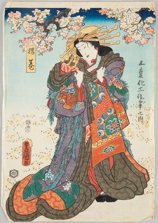 Three coloured woodblock prints, Japan, Meiji (1868-1912).