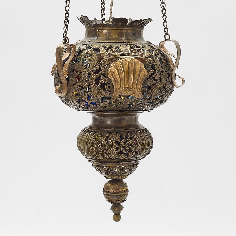 A brass and glass ceiling lantern, circa 1900.