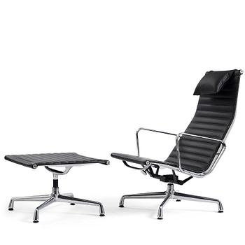 85. Charles & Ray Eames, an armchair and ottoman, Aluminium group model "EA 316", Vitra, 21st century.