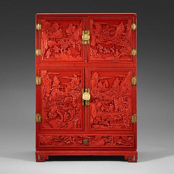 A well carved cinnaber lacquer 'Kang' cabinet, Qing dynasty, 18th Century.