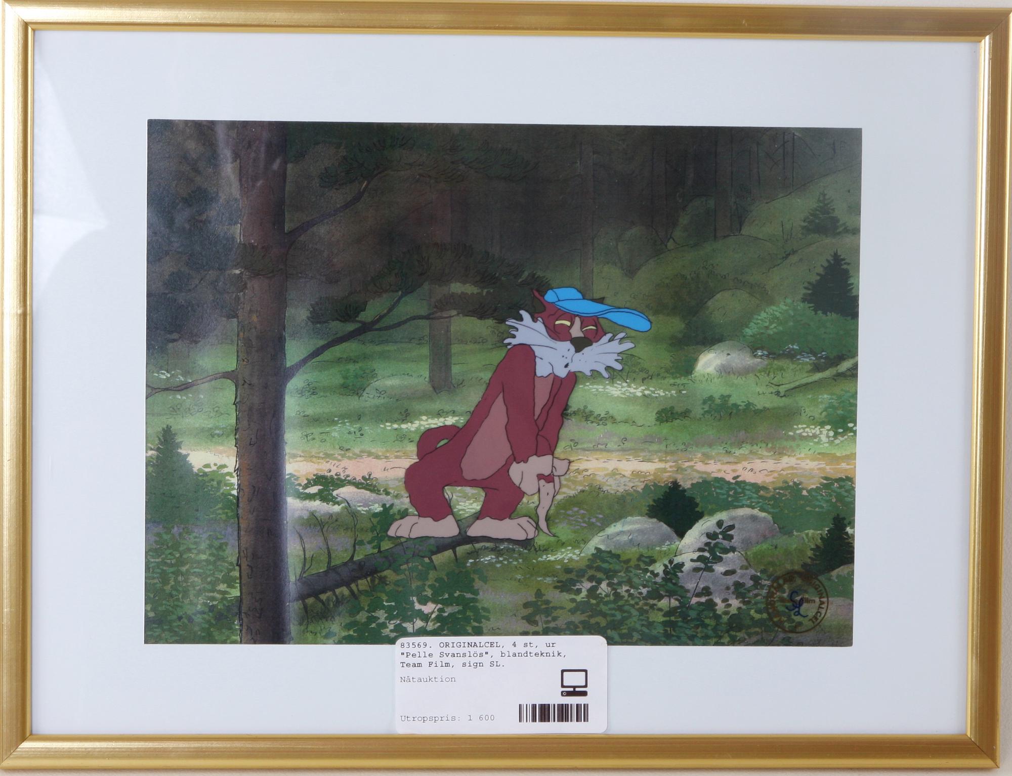 ORIGINALCEL, 4 st, ur "Pelle Svanslös", blandteknik, Team Film, sign SL.