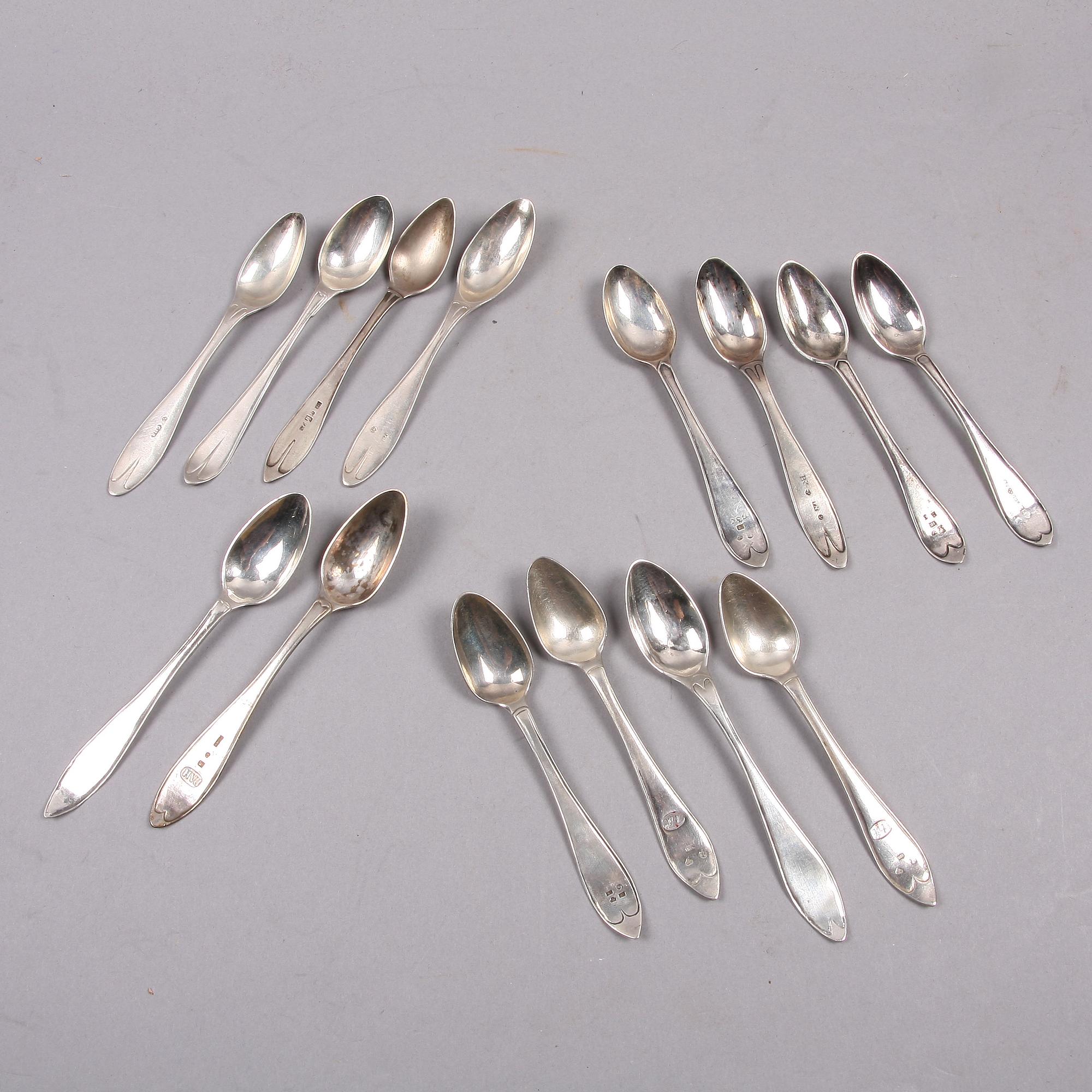 TESKEDAR, 14 st, silver, olika mästare, bla Johan Fredric Löfgren, Karlskrona. 1800-tal.