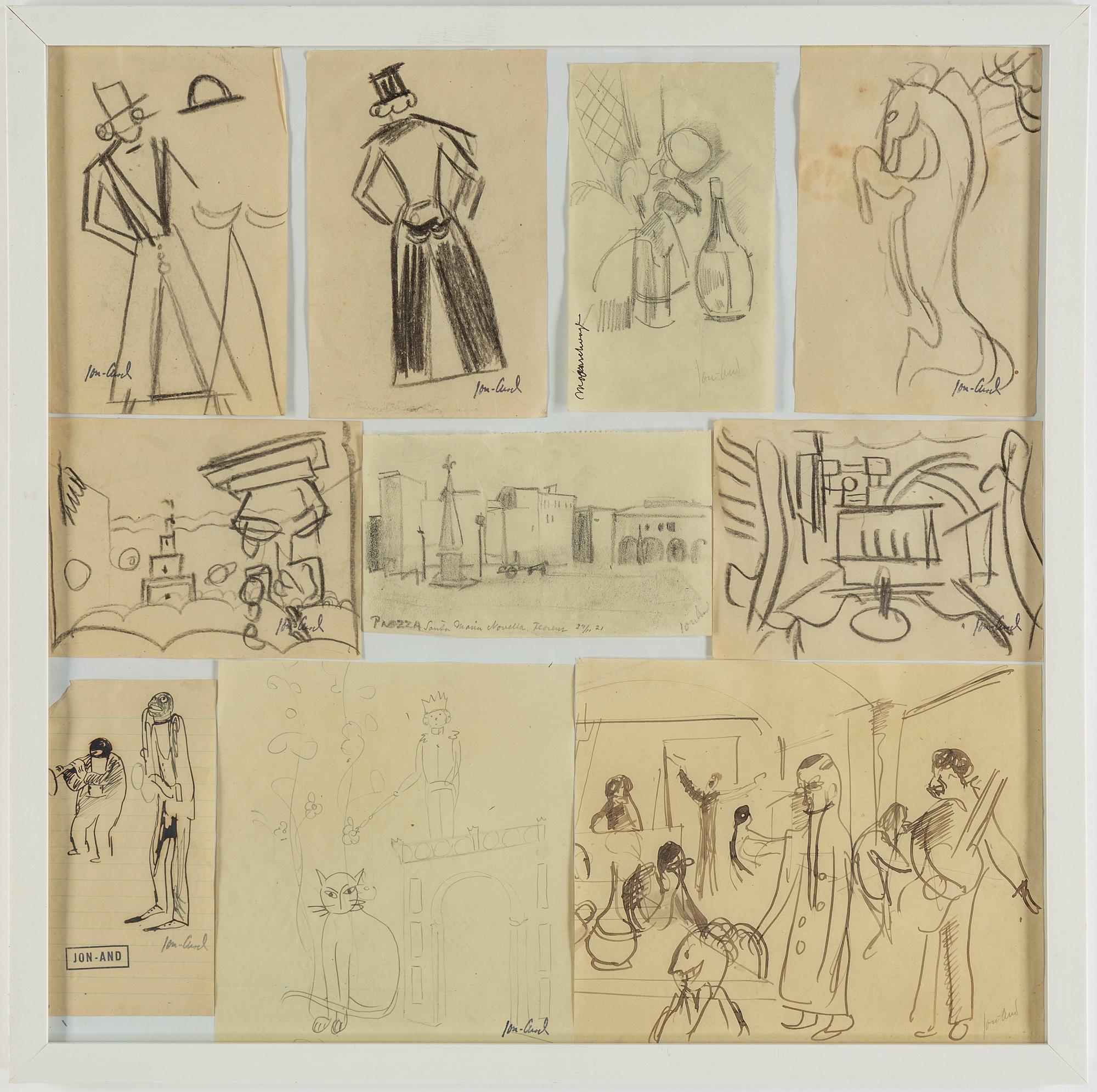 JOHN JON-AND, 10 drawings framed together. signed and stamp signed.