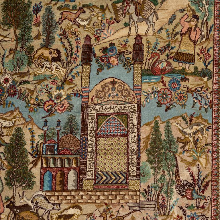 An oriental, figural rug, signed, c. 220 x 145 cm.