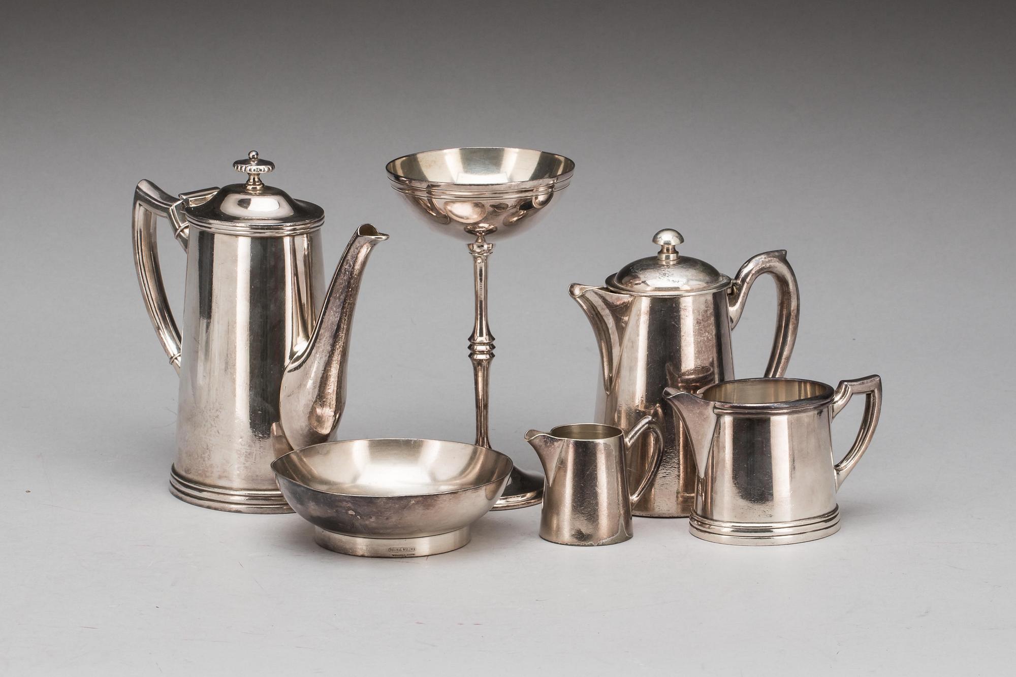 PARTI SERVERINGSTILLBEHÖR, 6 delar, vitmetall. Bland annat August Wellner Söhne, Original Wellner, Tyskland, 1900-tal.