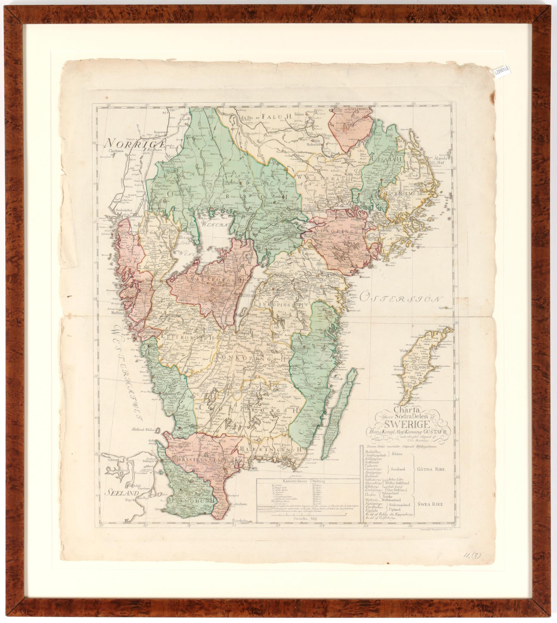 KARTA, kopparstick, "Charta öfver södra delen av Swerige...". troligen 1800-tal.