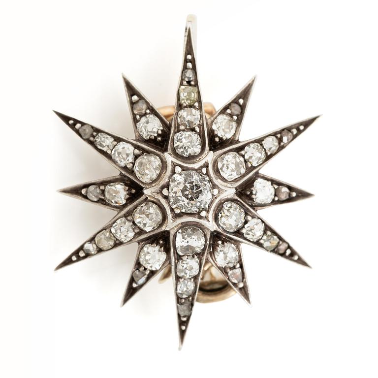 Brosch/hänge 14K guld och silver med gammalslipade diamanter, 1800-tal.