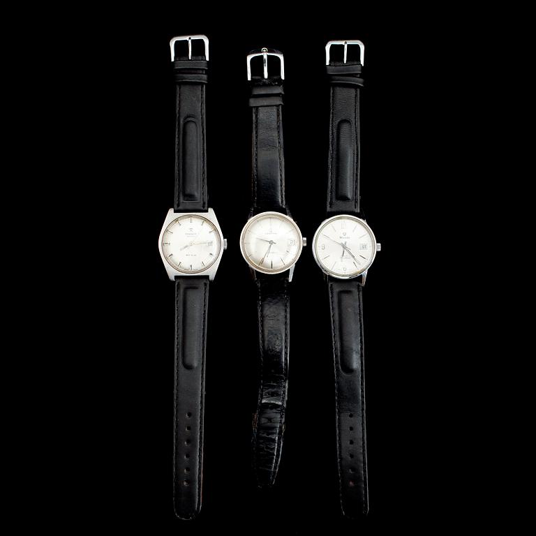 HERRARMBANDSUR, 3 st, Certina, Tissot och Nevada, stål, 1900-talets andra hälft.