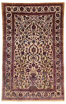 270. A rug, semi-antique, silk Kashan relief (souf), ca 196 x 129.5 cm (as well as 1,5 cm flat weave at one end).