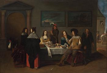 Christoph Jacobsz van der Lamen Circle of, Elegant company eating, drinking and music-making.