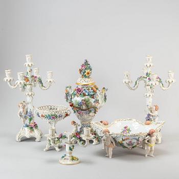 An six piece assembled porcelain garniture, Dresden, mid 20th century.