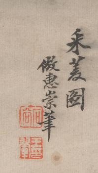 Träsnitt, 3 st, tusch och färg på papper, 2 signerade Wang Hui, efter, hans skola, omkring 1900.