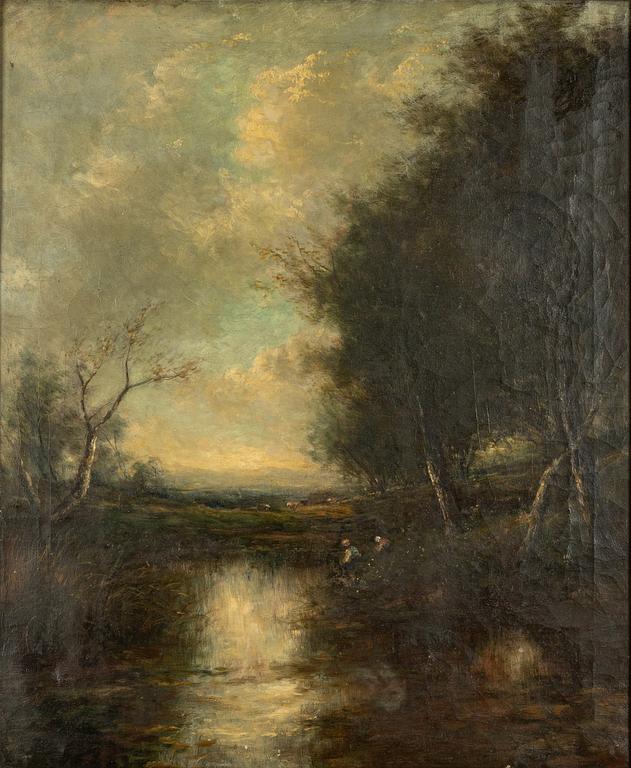 French School, 19th century, River Landscape with Figures.