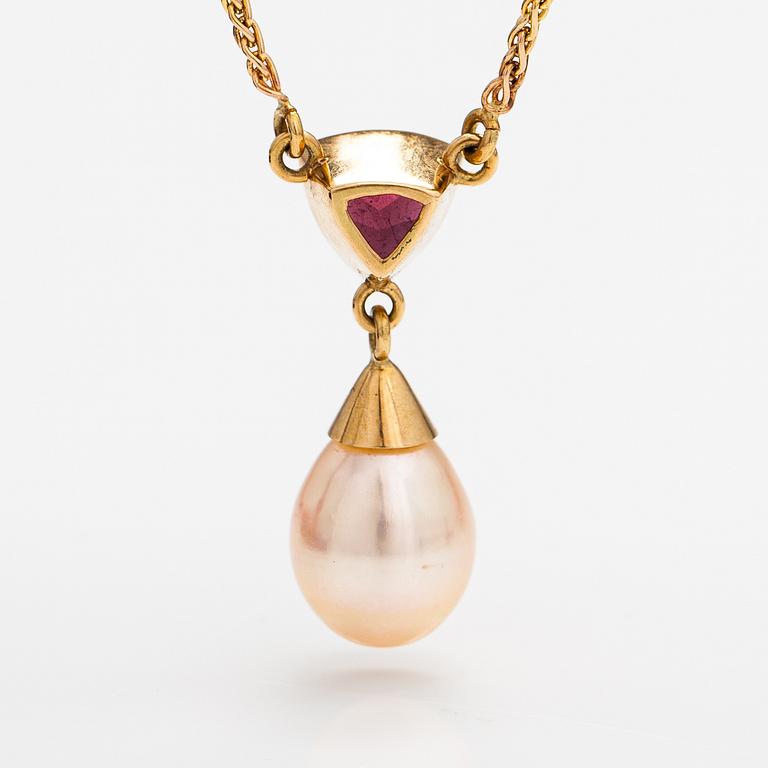 Halsband, 14K guld, turmalin och odlad pärla.