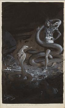 DAVID LJUNGDAHL, illustrationer, 8 st, tusch och täckvitt, signerade D. Ljungdahl. "Den andra djungelboken".