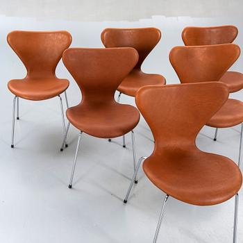 Arne Jacobsen chairs, 6 pcs, "Sjuan", Fritz Hansen, Denmark later part of the 20th century.