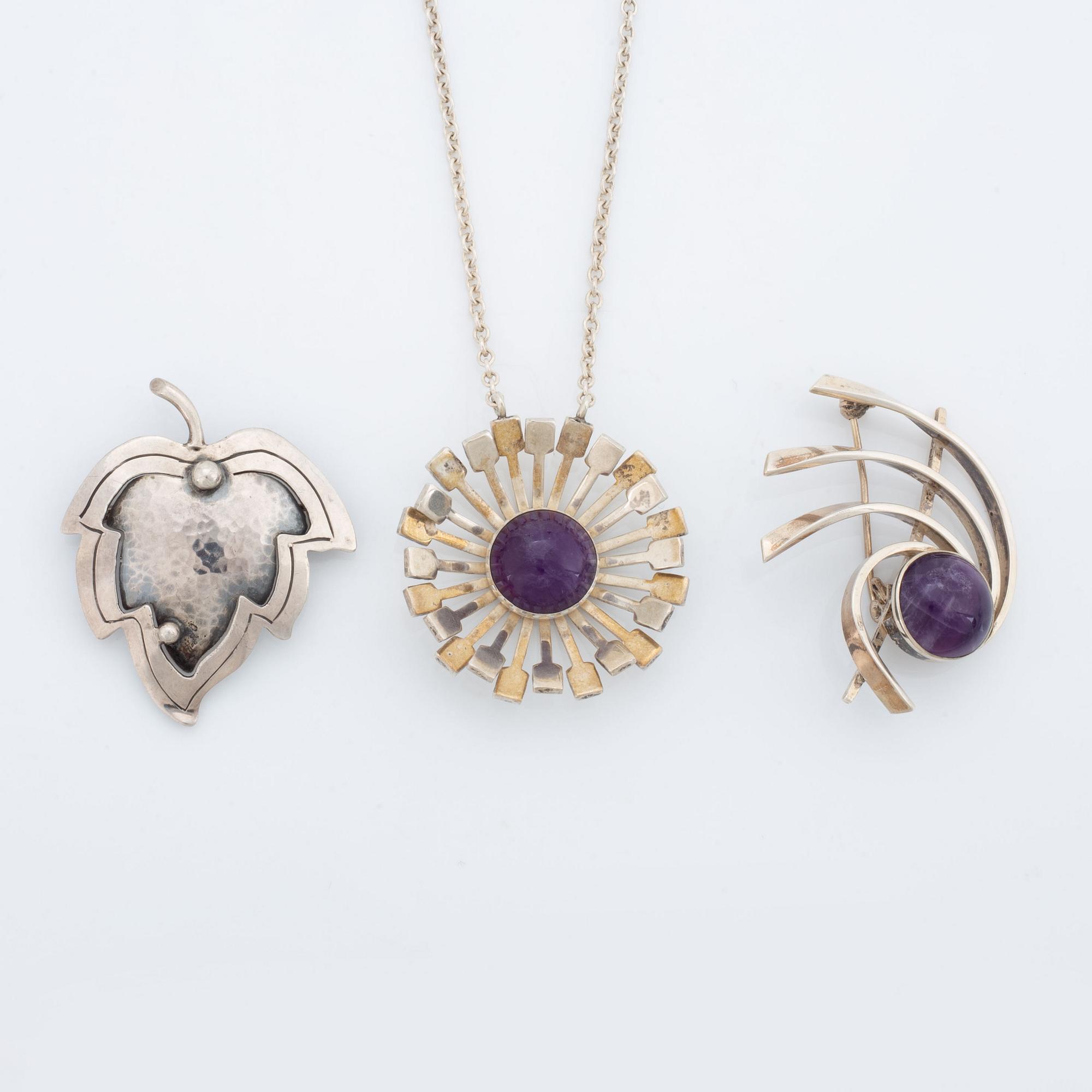 Victor Janson, two brooches  and necklace, silver, with amethyst.